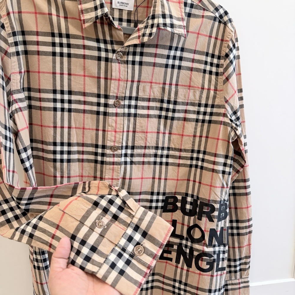 Burberry London England Check Logo Print Button Shirt Beige Men's Large - Picture 3 of 15